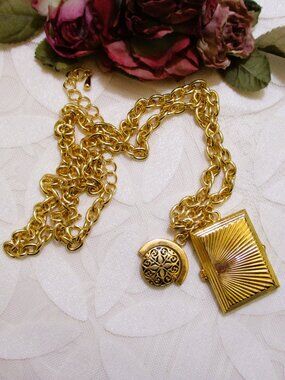 VINTAGE Gold Locket Taille d'épargne Spinner Necklace ~ Faux Chatelaine Jewelry